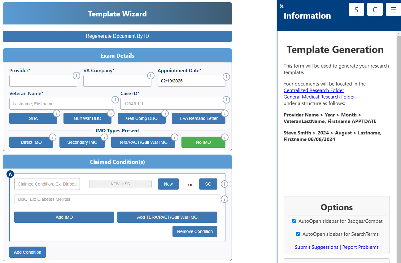 TemplateWizard Exam Information with Sidebar